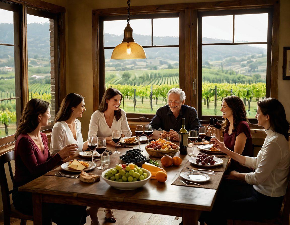 A cozy family gathering around a rustic dining table, with elegantly arranged wine glasses and a bottle of red wine in the center. Soft candlelight flickers, casting warm shadows on joyful faces enjoying laughter and conversation. Surrounding the scene, various plates of gourmet cheese and fruits add a touch of delight. The background features a lush vineyard visible through an open window, emphasizing connection and relaxation. painting. warm tones. soft focus.