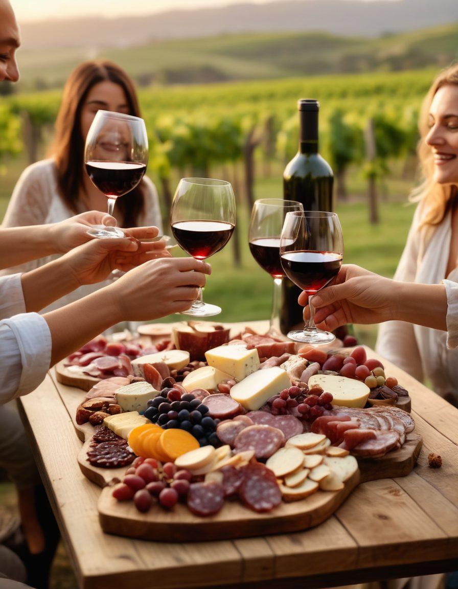 A cozy family gathering scene around a rustic wooden dining table, elegantly set with glasses of wine, a beautiful charcuterie board, and warm candlelight. Family members are laughing and toasting, encapsulating love and togetherness. Soft focus on the wine bottles showcasing various types prominently, with a backdrop of a vineyard in twilight. Energetic and inviting ambiance, illustrating the joy of sharing moments over good wine. super-realistic. warm colors. soft lighting.