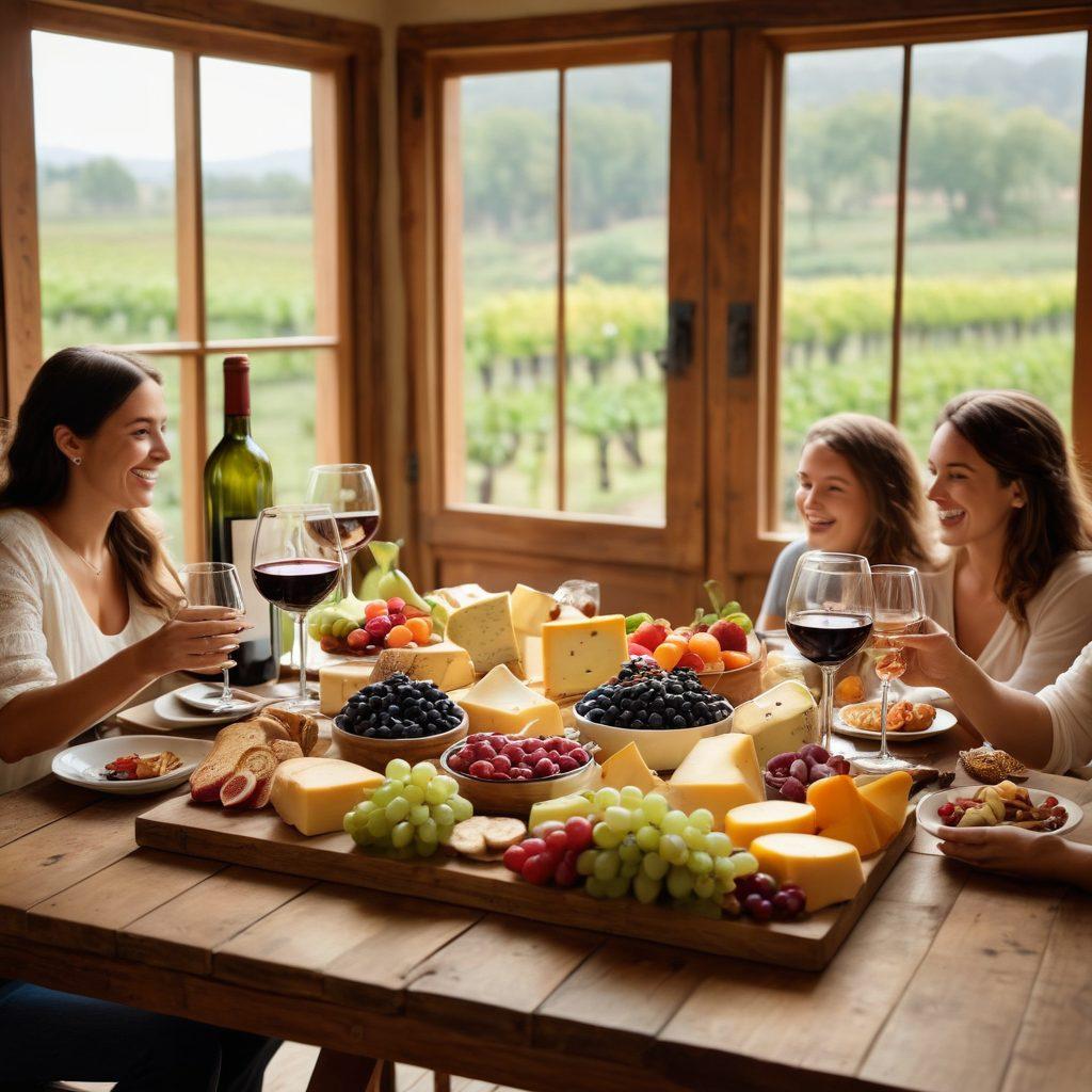 A cozy family gathering around a rustic wooden table, filled with diverse wine bottles and glasses, laughter and joy evident on their faces. Warm ambient lighting and soft decorations enhance the inviting atmosphere, while a backdrop of a beautiful vineyard can be seen through an open window. The scene captures the essence of enjoyment and togetherness, featuring a colorful cheese platter and fresh fruits. super-realistic. warm tones. inviting atmosphere.